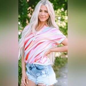 Entro Oversized Striped Abstract Multiple Colored Women's Blouse